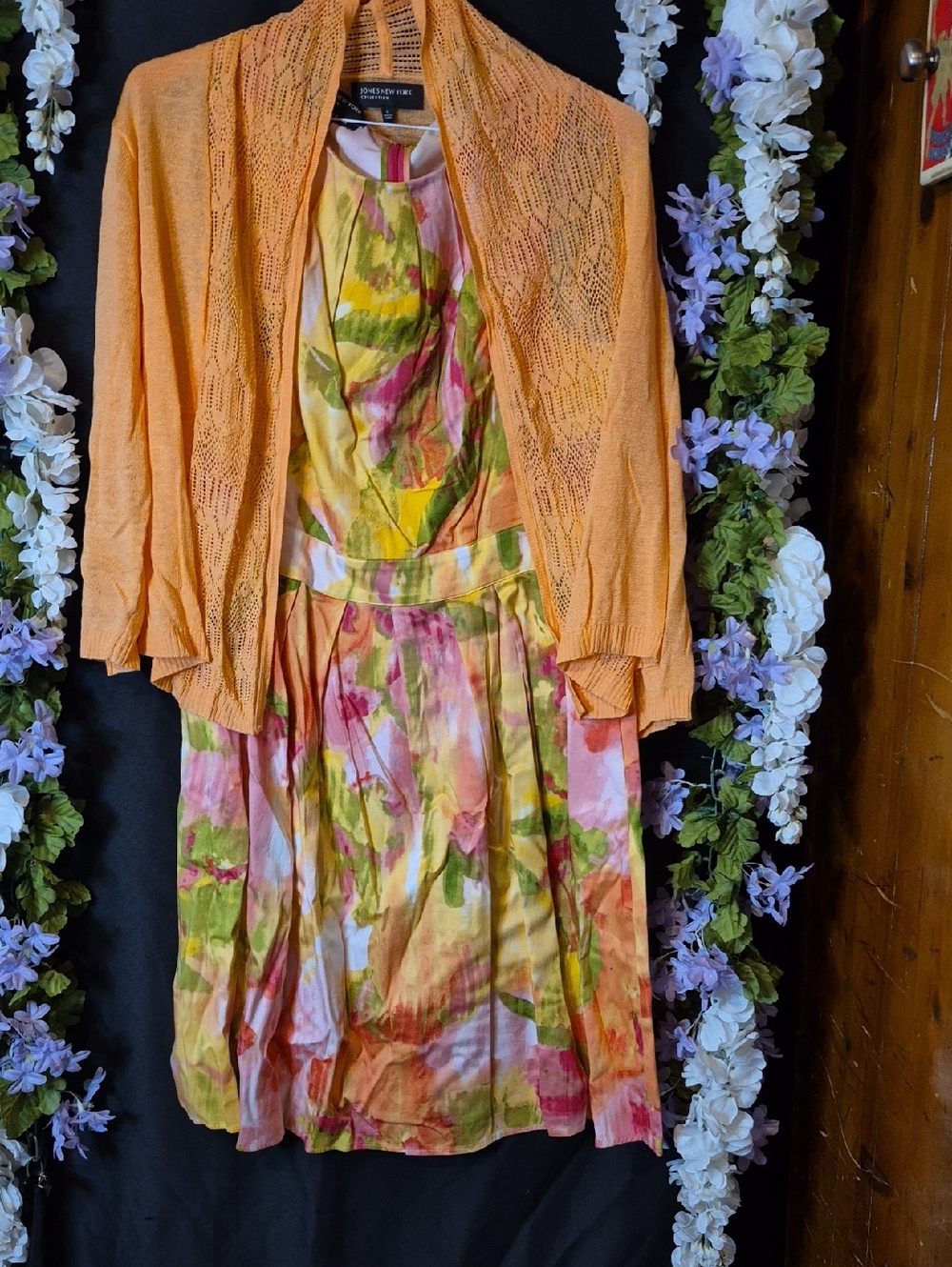 Stunning Orange Knit Cardigan with Watercolor Floral Dress (2 Pc)